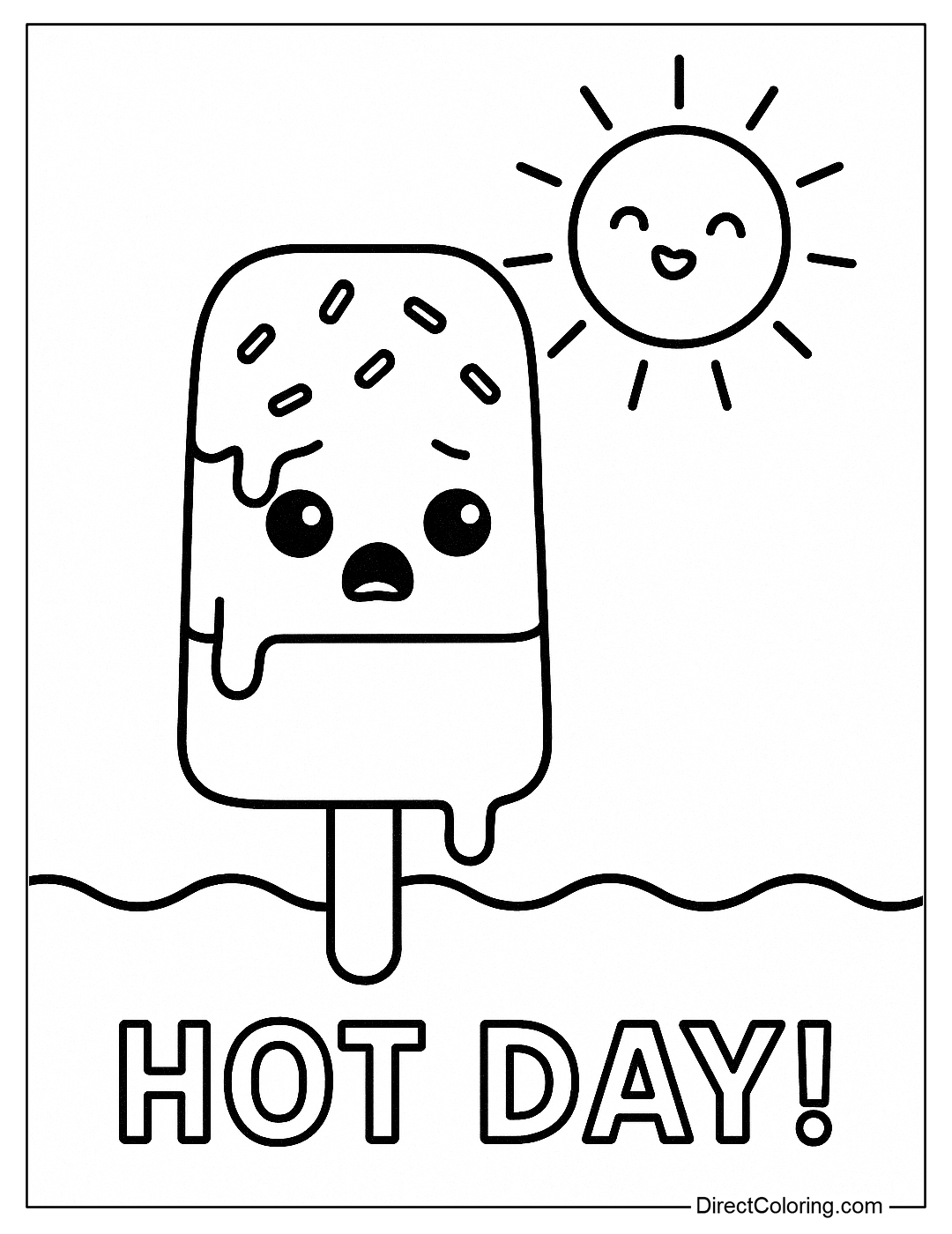 a coloring page of melting ice cream under a smiling sun.